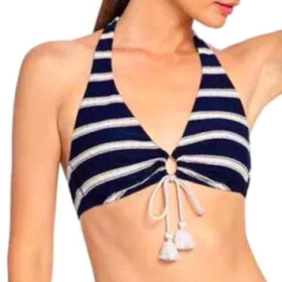 Robin Piconne Abi Stripe Indigo Halter Tassels Bikini Set Coastal Boho Size S - Picture 3 of 14